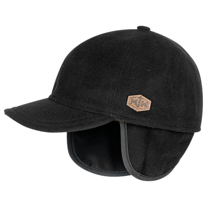 MJM Baseball Cap 100% Eco Merino Wool Black with Ear Flaps