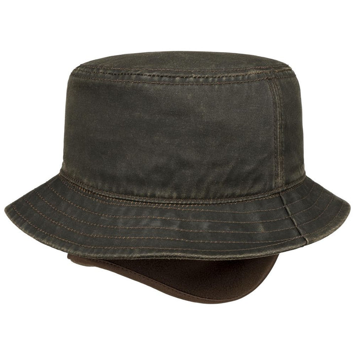 Stetson CO/PES Bucket Hat with Ear Flaps - Brunt Oilskins Look - Bucket Hat fra Stetson hos The Prince Webshop