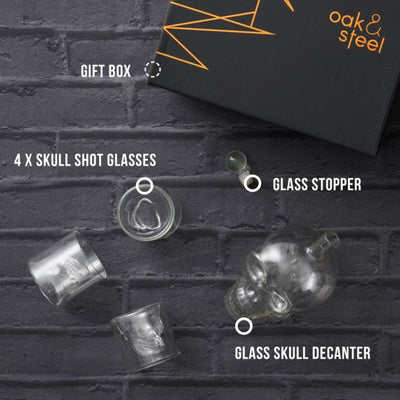 Oak &amp; Steel - Skull Whiskey Decanter Set - Carafe + 6 Shot Glass