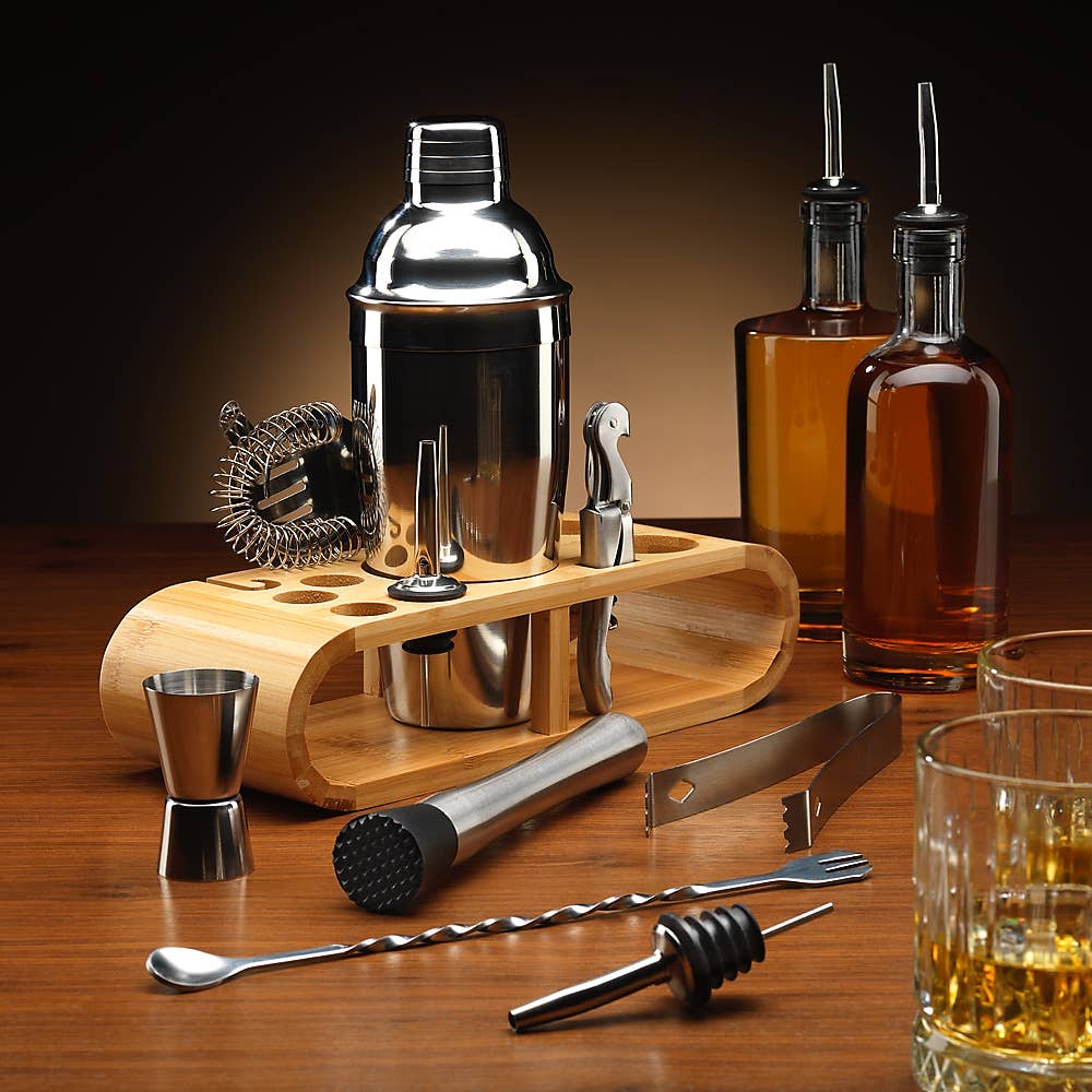 12 deles cocktail-sæt i rustfrit stål med stander