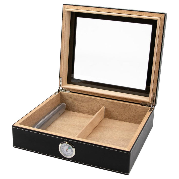 Humidor i Sort Faux Leather med Glaslåg til 20 Cigarer