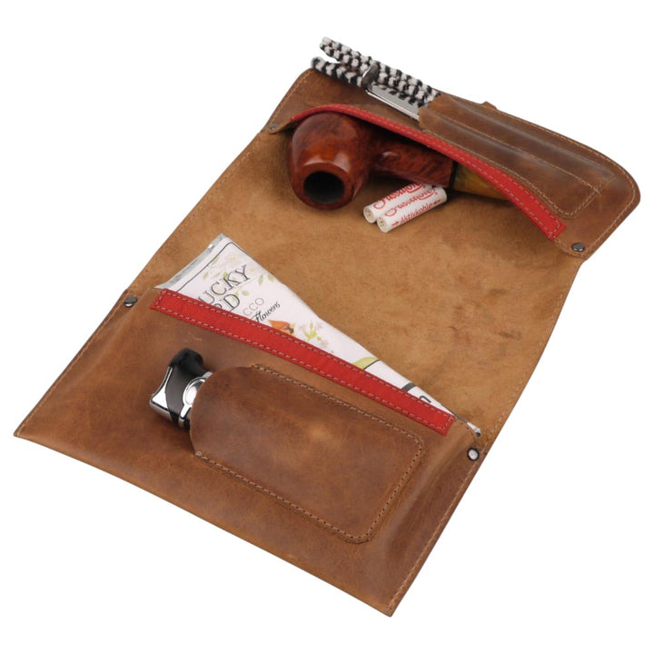 3 Foldet Pibetaske i Brunt Læder til 1 Pibe + Tilbehør - Pibe Tilbehør fra The Prince's Choice hos The Prince Webshop
