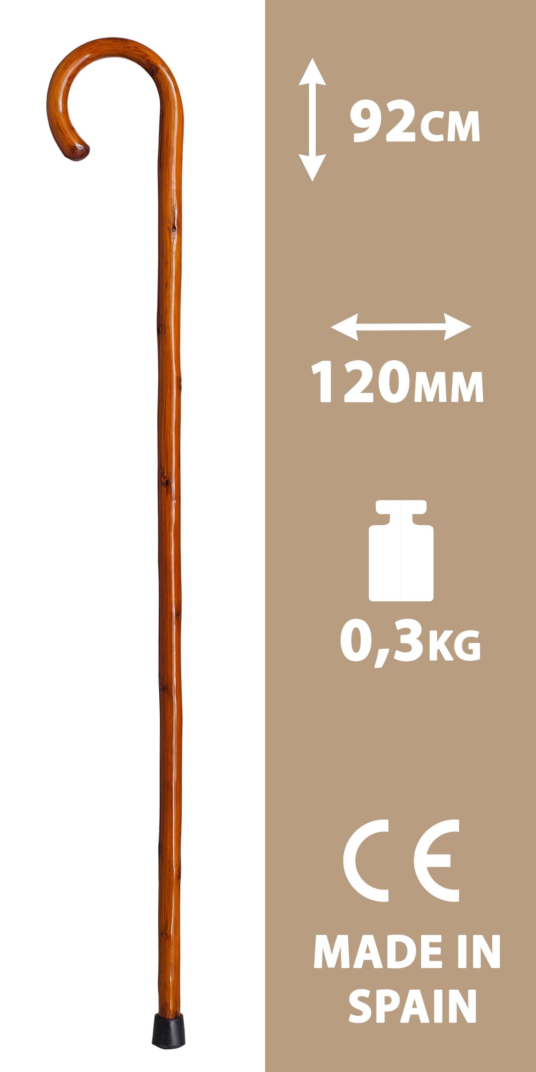 Natur Spadserestok med Hyrdehåndtag og Gummidup - 2 farver - Spaderestok fra Segorbina BASTONES hos The Prince Webshop