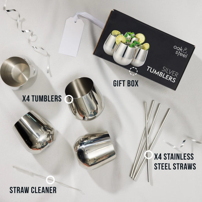 Oak & Steel - 4 Silver Tumblers with Straws