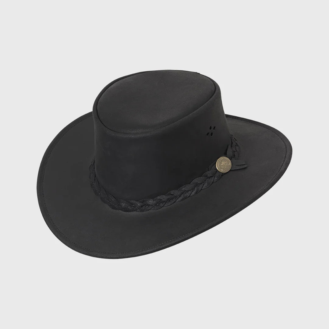 Aussie Bush Cow – Sort Squashable Læderhat - Traveller Hat fra MJM Hats hos The Prince Webshop