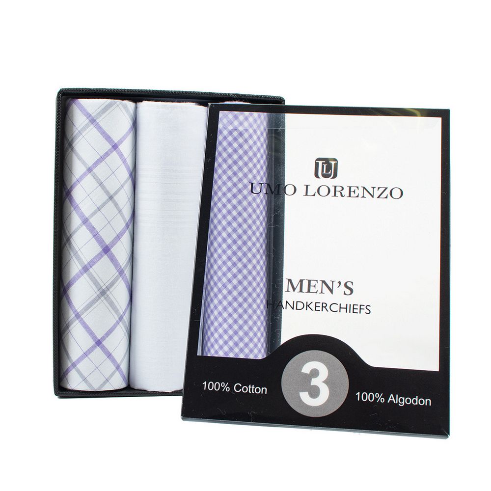 3 pieces. BOX Solid &amp; Plaid Lavender Handkerchiefs in 100% Cotton
