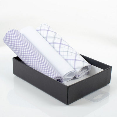 3 pieces. BOX Solid &amp; Plaid Lavender Handkerchiefs in 100% Cotton