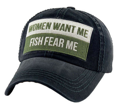 WOMEN WANT ME FISH FEAR ME VINTAGE BALLCAP - BLACK