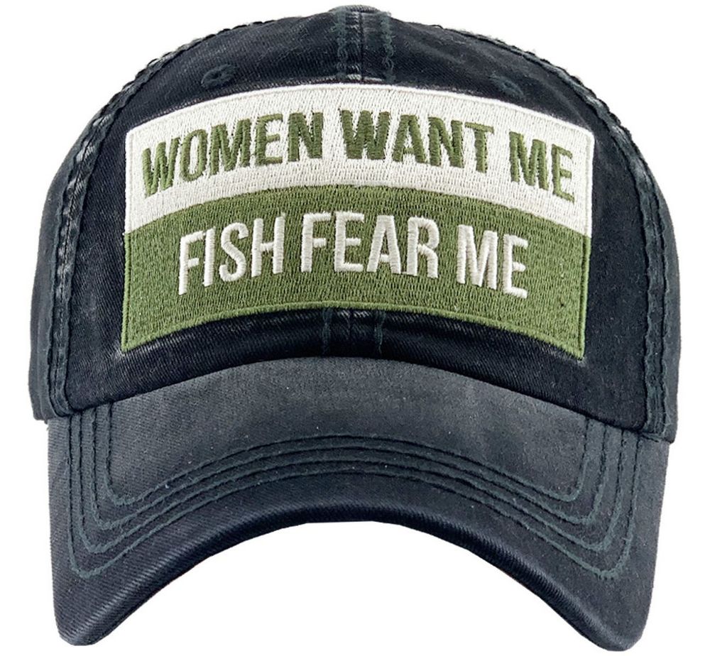 Women Want Me Fish Fear Me Vintage Ballcap - Black