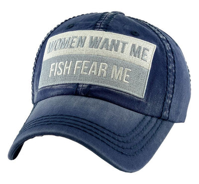 WOMEN WANT ME FISH FEAR ME VINTAGE BALL CAP - NAVY