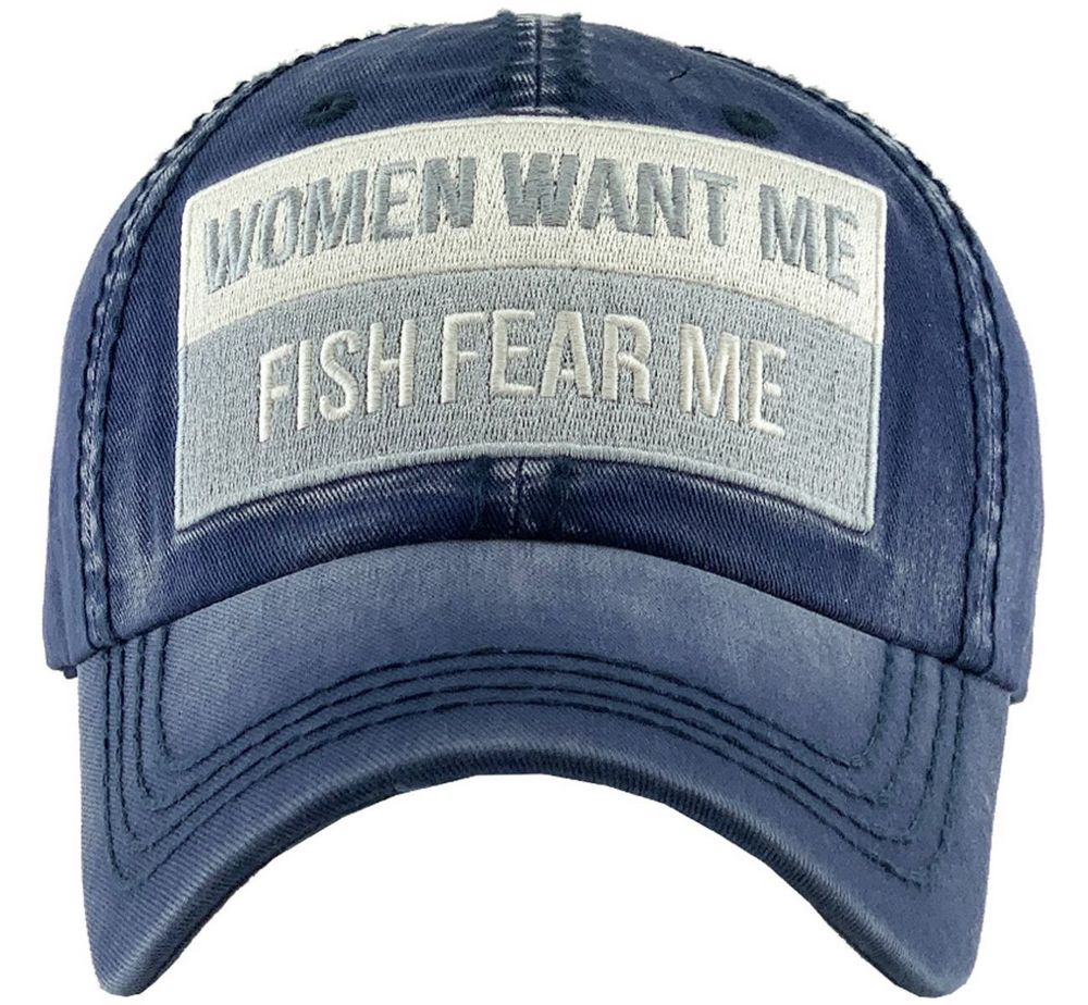 WOMEN WANT ME FISH FEAR ME VINTAGE BALL CAP - NAVY