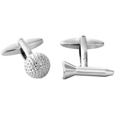 Golf Ball &amp; Tee Rhodium Plate Cufflinks - UK Cufflinks