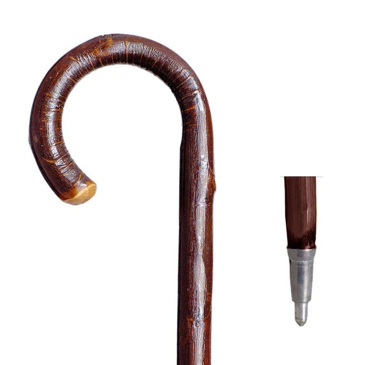 Trekking Stick in Chestnut Wood with Curved Handle - Dark Brown