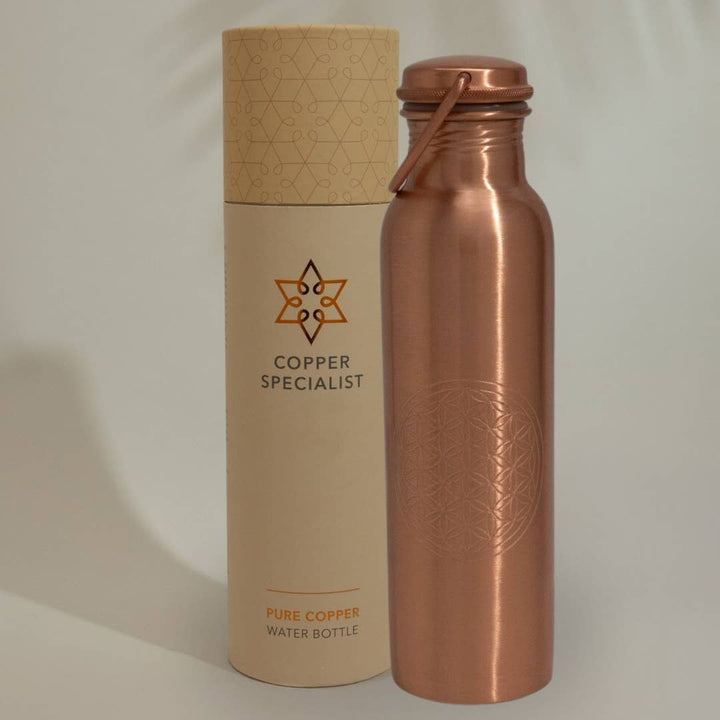 Ren kobber vandflaske flower of life med håndtag ± 950 ml