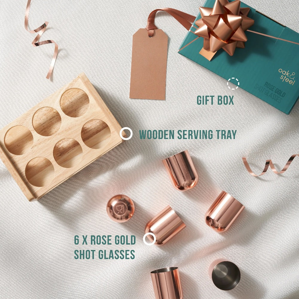 Oak & Steel - 6 Rose Gold Stainless Steel Shot Glasses With Holder Tray - Shotglas fra Oak & Steel hos The Prince Webshop