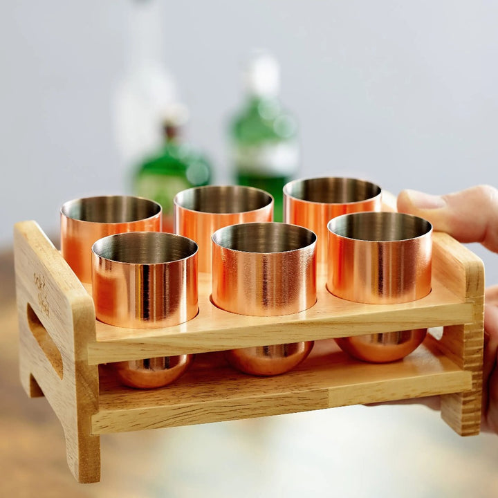 Oak & Steel - 6 Rose Gold Stainless Steel Shot Glasses With Holder Tray - Shotglas fra Oak & Steel hos The Prince Webshop