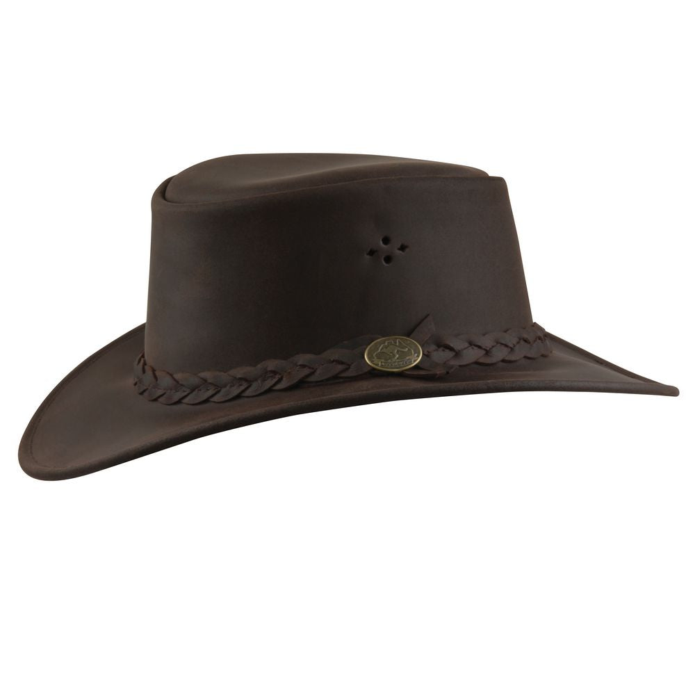 Aussie Bush Roo – Brun Squashable Kænguru Læder Hat - Traveller Hat fra MJM Hats hos The Prince Webshop