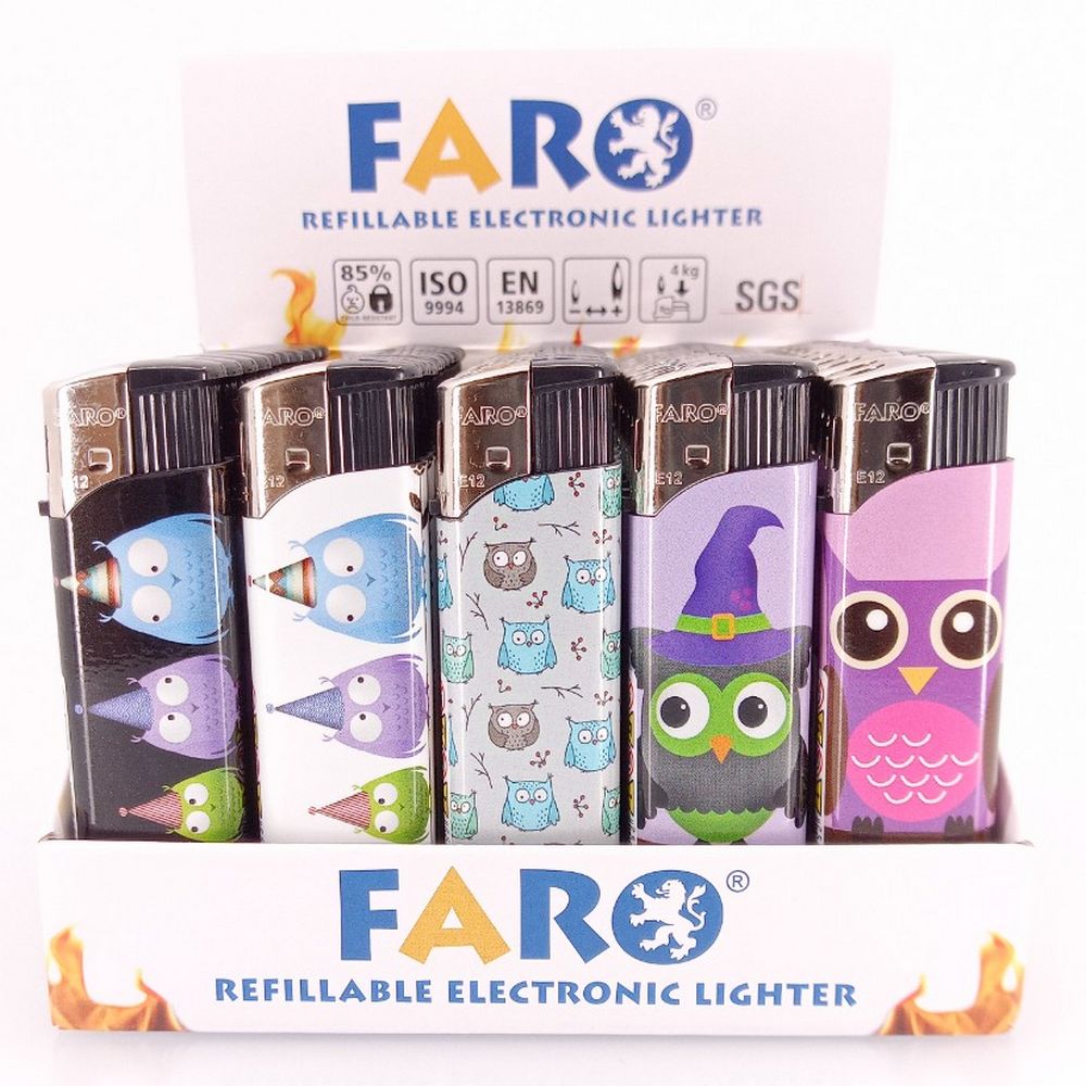 5 stk FARO Engangslighter med Elektrotænding - Ugler - Lighter fra Faro hos The Prince Webshop
