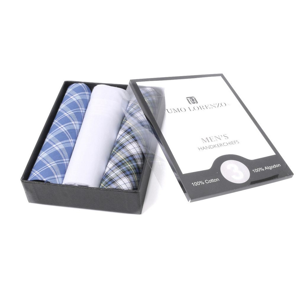 3 stk. BOX Solid & Plaid Blue Lommetørklæder i 100% Bomuld - Lommetørklæde fra Umo Lorenzo hos The Prince Webshop