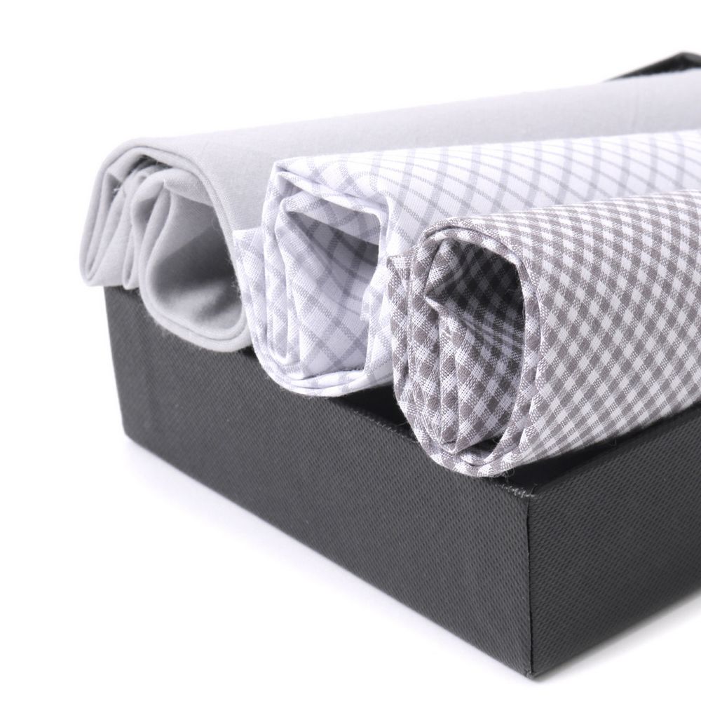 3 stk. BOX Solid & Plaid Gray Lommetørklæder i 100% Bomuld - Lommetørklæde fra Umo Lorenzo hos The Prince Webshop