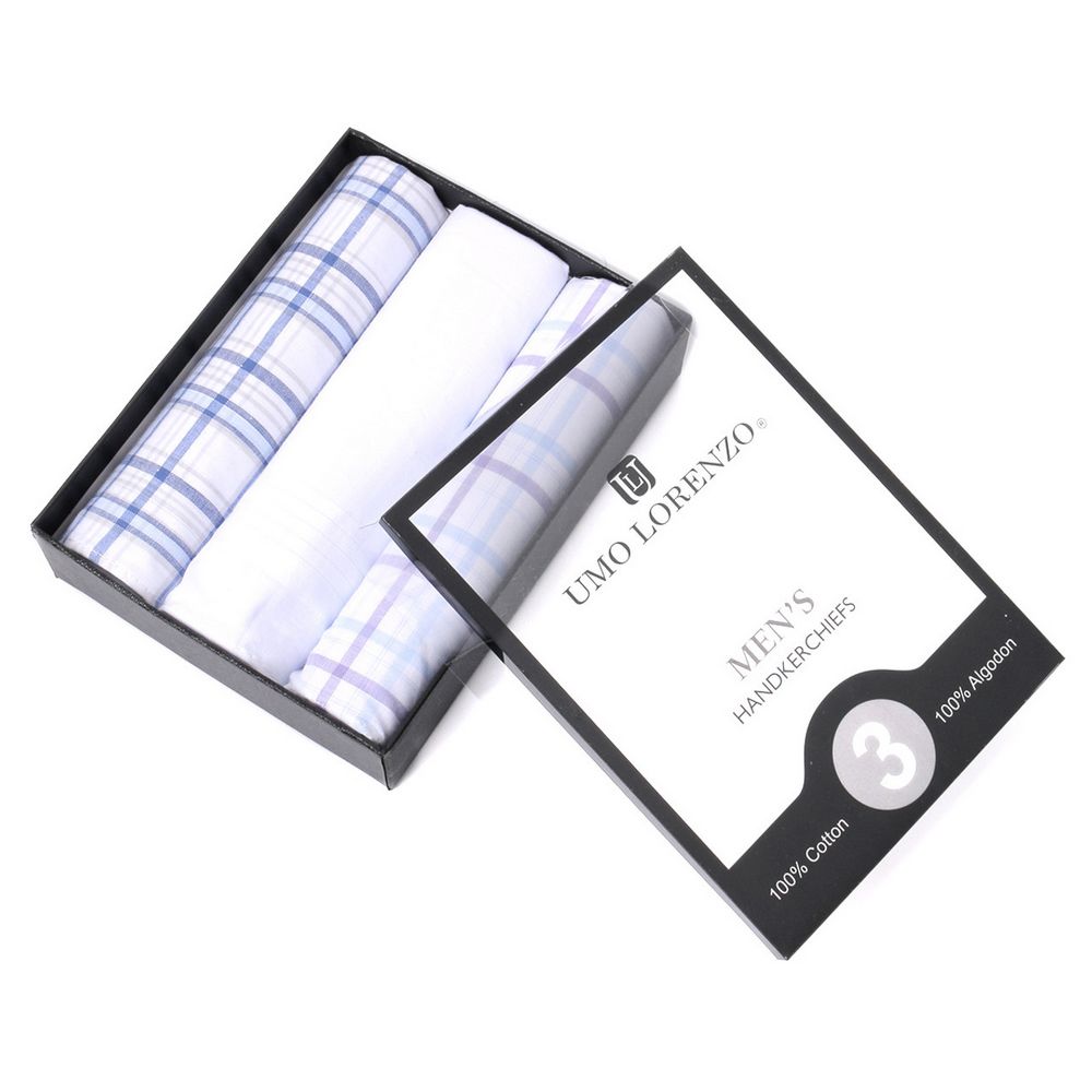 3 stk. BOX Blue Plaid, White & Lavender Lommetørklæder i 100% Bomuld - Lommetørklæde fra Umo Lorenzo hos The Prince Webshop