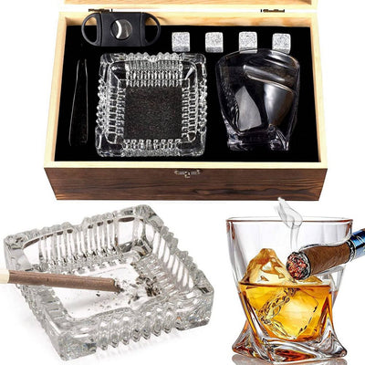 WHISKY ROCK BOX med Cigarholder Glas, Sten, Tang, Cigar Klipper & Askebæger - Whiskey Glas fra Bezrat Barware USA hos The Prince Webshop