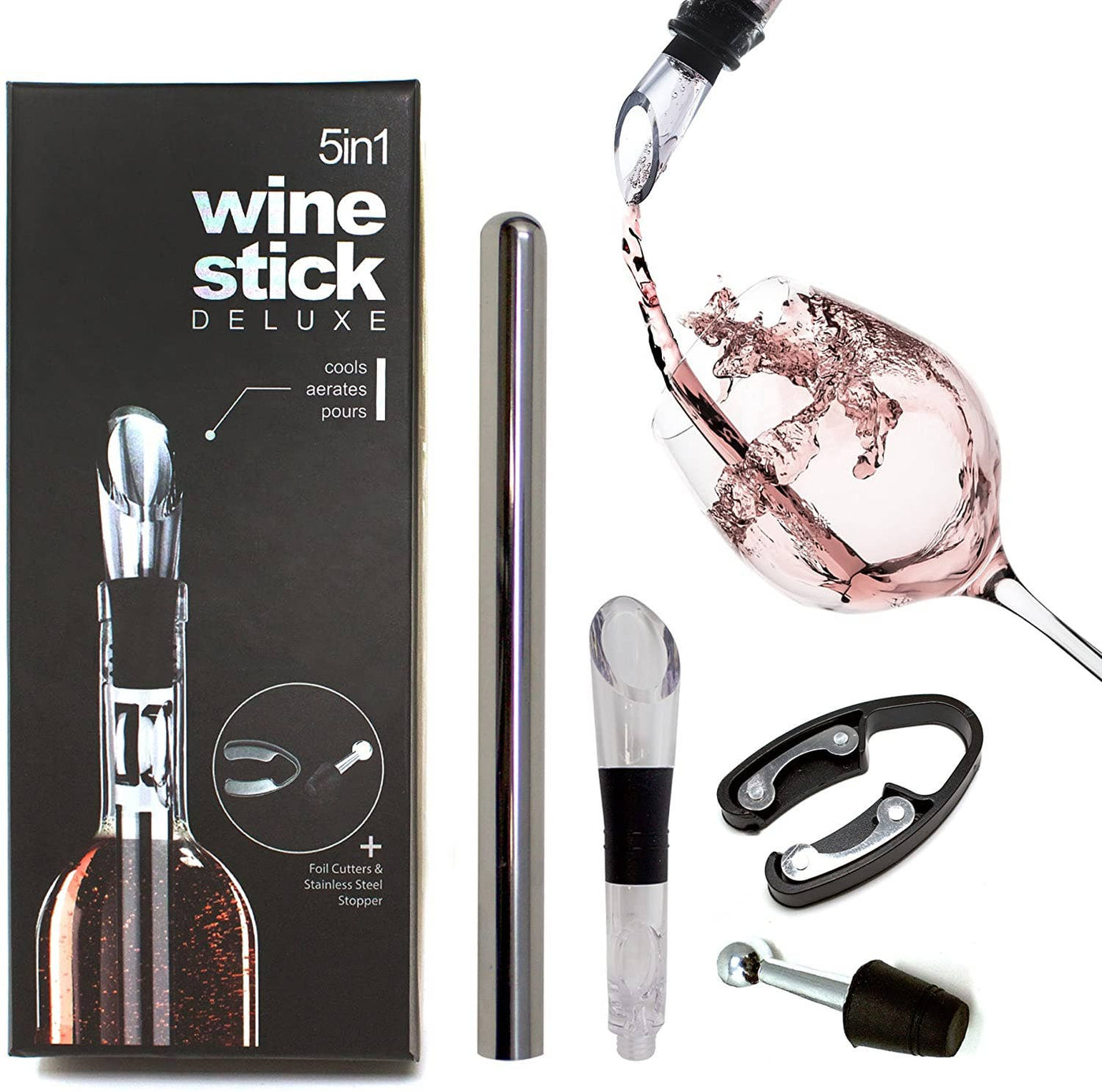 Oak & Steel - 5-in-1 Deluxe Stainless Steel Wine Accessory Gift Set - Vin Sæt fra Oak & Steel hos The Prince Webshop
