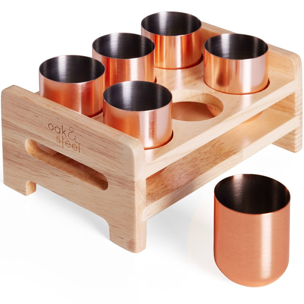 Oak & Steel - 6 Rose Gold Stainless Steel Shot Glasses With Holder Tray - Shotglas fra Oak & Steel hos The Prince Webshop