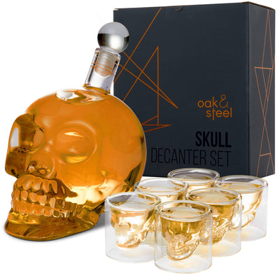Oak & Steel - Skull Whiskey Decanter Set - Karaffel + 6 Shot Glas - Whiskey Karaffel fra Oak & Steel hos The Prince Webshop