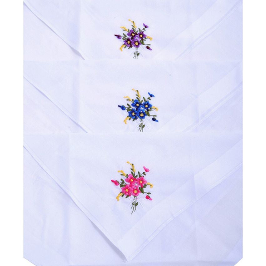 6 stk. Hvide Broderede Dame Lommetørklæder i 100% Bomuld - Lommetørklæde fra Selini N.Y. hos The Prince Webshop